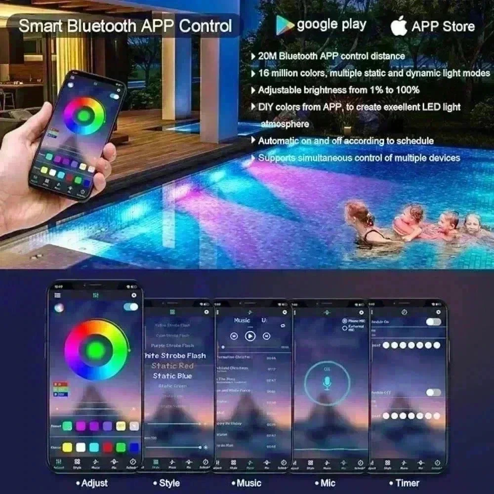NWT-Smart Submersible LED Pool Lights- Music Sync & Remote Controlled Underwater